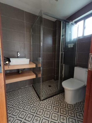 a bathroom with a toilet and a sink and a shower at XKH（NINE STAR）APARTMENT in Dumaguete