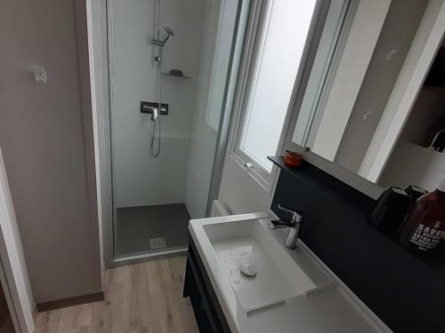 une salle de bain avec un lavabo et une douche avec un miroir dans l'établissement Mobil-home confortable proche de l'Atlantique - FR-1-426-577, à Saint-Hilaire-de-Talmont