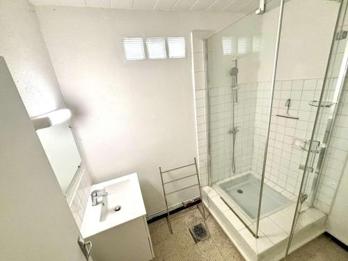 une salle de bain avec une douche en verre et un lavabo dans l'établissement Appartement 2 Pièces, Terrasse Vue Mer, Parking Privé - FR-1-229C-108, à Port-la-Nouvelle