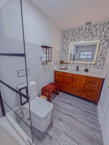 a bathroom with a toilet and a sink and a mirror at Zoka House 5 mints from Brickell in Miami