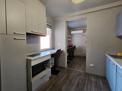 a kitchen with a sink and a desk in it at Meteor Central in Cluj-Napoca