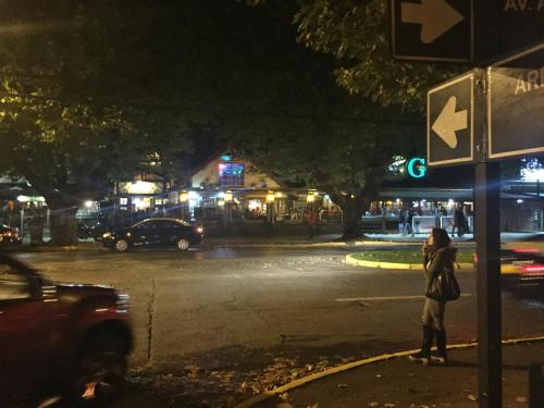 a woman standing on the corner of a street at night at Tribu Malen Apartamentos in Temuco