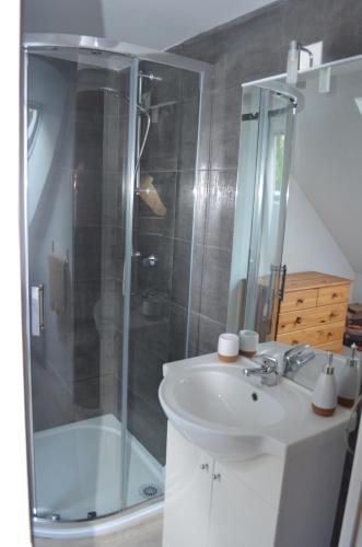 une salle de bain avec une douche, un lavabo et des toilettes dans l'établissement Petit gîte tranquille, à Arradon