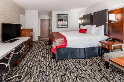 a hotel room with a bed and a flat screen tv at Ramada by Wyndham Austin South in Austin