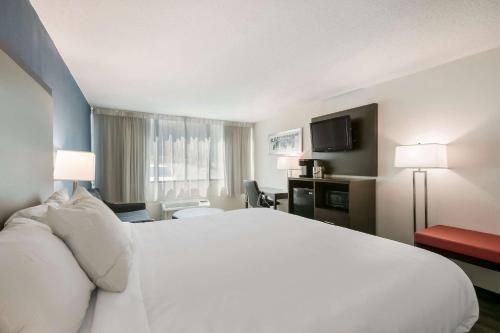 a hotel room with a large white bed and a window at Clarion Hotel Conference Center in Maggie Valley