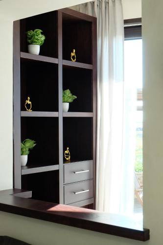 a book shelf with potted plants and a window at Old Lighthouse - Beach Apartment - Fiumicino Airport in Fiumicino