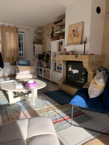 un salon avec un canapé et une cheminée dans l'établissement L'Estanque l'étang des vacances parking climatisation, à Sète