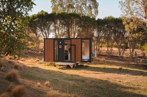 a tiny house in the middle of a field at Rowsley Valley Tiny House 1 by Tiny Away in Ingliston