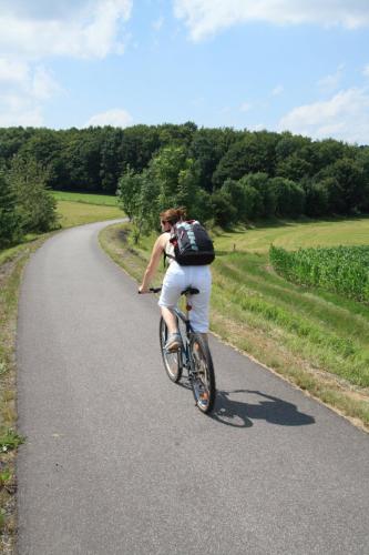 a woman riding a bike down a road at Rhönhotel Alte Mühle in Weyhers