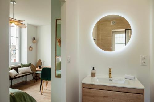 a bathroom with a sink and a mirror on the wall at La balade de Chambord in Mont-près-Chambord