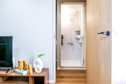 a bathroom with a walk in shower and a television at Maru 5 Inn in Tokyo