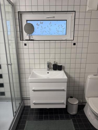 Un baño con lavabo, inodoro y ventana. en 1st Class Escape, en Kågeröd