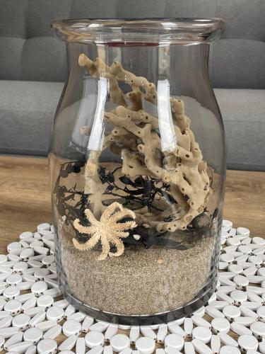 a glass jar filled with sand and an starfish at Ocean Vista Tutukaka in Tutukaka