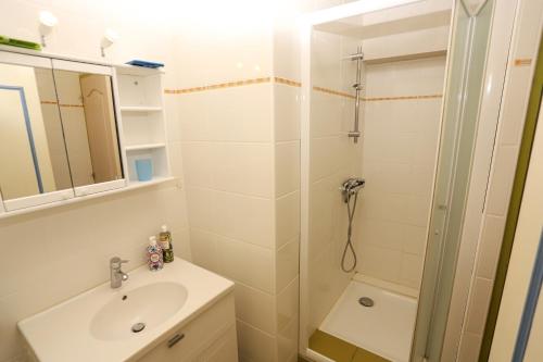 une salle de bain avec un lavabo et une douche dans l'établissement St Cyprien Appartement a 2 pas du port et de la plage, à Saint-Cyprien