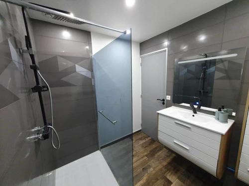 une salle de bain avec une douche, un lavabo et un miroir dans l'établissement Charmante maison de vacances, à Haulmé