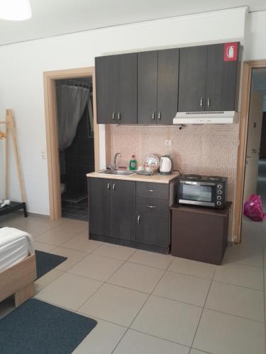 a kitchen with black cabinets and a sink and a microwave at Holiday and Business Home in Áyios Vasílios