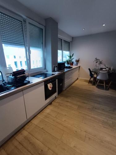 Il comprend une grande cuisine dotée de parquet et de fenêtres. dans l'établissement Luna Lovegood, à Besançon