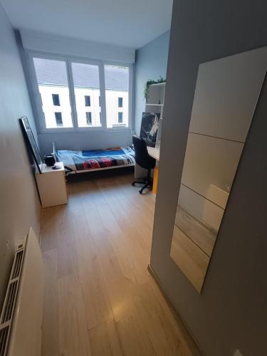 Cette chambre comprend un miroir, un lit et un bureau. dans l'établissement Luna Lovegood, à Besançon