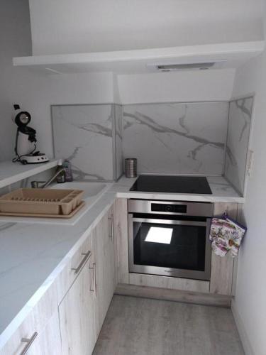 une cuisine avec un évier et une cuisinière dans l'établissement Le porche, à Moissac-Bellevue