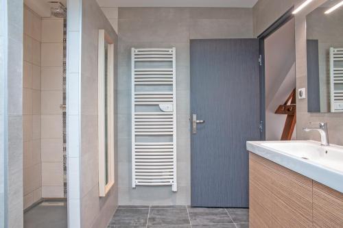 a bathroom with a sink and a shower at Le Cheval Blanc - Proche Amiens grand jardin in Damery