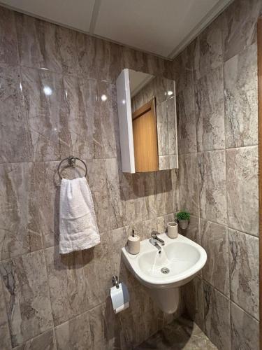 a bathroom with a sink and a mirror at Tanov Cozy Place in Blagoevgrad