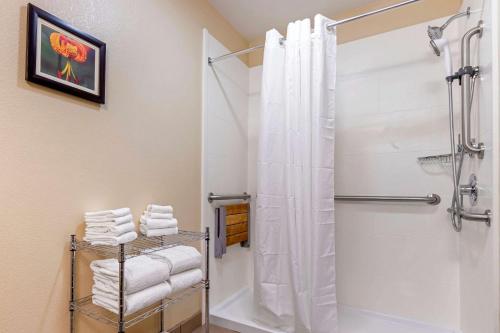 a bathroom with a shower with a shower curtain at Comfort Suites Boone - University Area in Boone