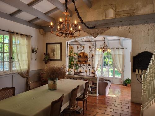 une salle à manger avec une table, des chaises et un lustre dans l'établissement Gîte Le Mas des Agapes, à Beaucaire