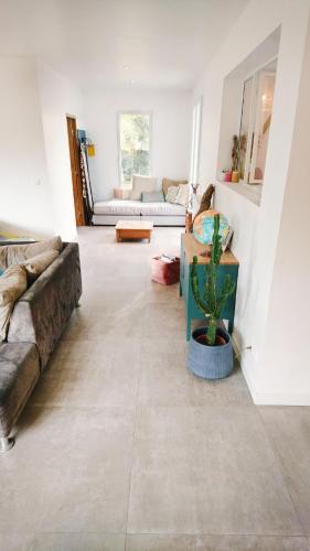 - un salon avec un canapé et un cactus dans l'établissement Maison entre forêt et océan - piscine et tennis, à Ondres