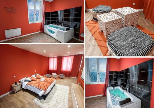 a collage of four pictures of a bedroom and a bathroom at Studio Chic N2 avec Jacuzzi in Roubaix
