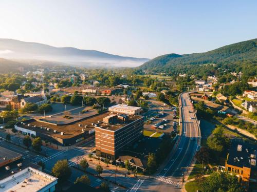 an aerial view of a small town with a road at Hotel Downstreet, an Ascend Collection Hotel in North Adams