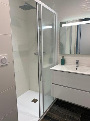 une salle de bain blanche avec une douche et un lavabo dans l'établissement Tout confort centre de Saint Florent avec jardin, à Saint-Florent