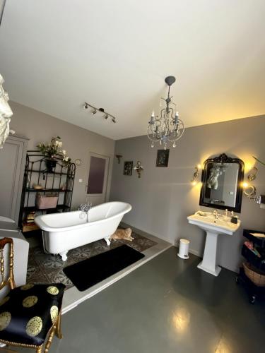 La salle de bains est pourvue d'une baignoire, d'un miroir et d'un lavabo. dans l'établissement House with good energy, à Marminiac