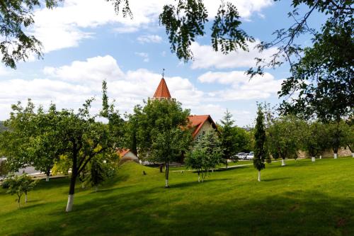a park with trees and a building with a tower at Sobor Family Resort in Stavcheny