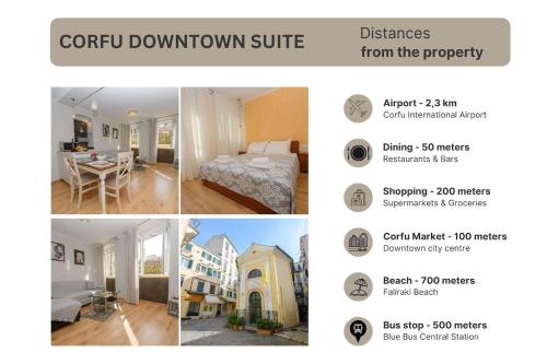 a collage of four pictures of a room with a bed and a dining room at Corfu Downtown Hideaway Suite in Corfu