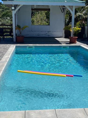 a swimming pool with two colorful paddles in the water at F2 à la campagne avec Piscine in Morne Baldara