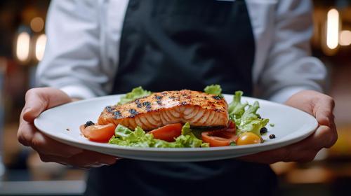 a person holding a plate with a fish and salad at Golden Tulip Mandison Suites in Bangkok