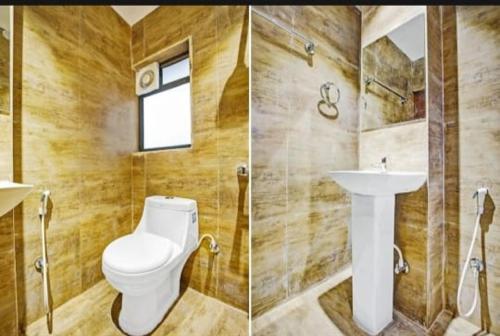 two pictures of a bathroom with a toilet and a sink at Hotel Hi City Inn Near ISBT in Guwahati