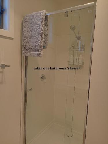 a shower with a glass door in a bathroom at Minyip Caravan Park in Minyip