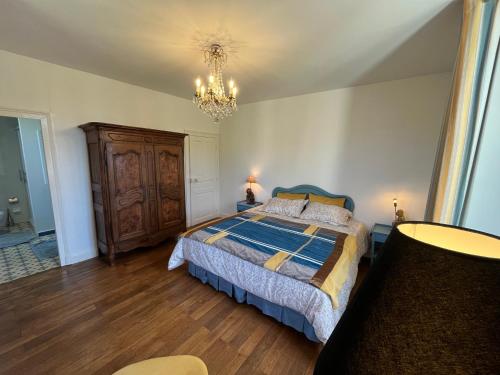 a bedroom with a bed and a chandelier at Manoir du Val Fouzon - Beauval in La Vernelle