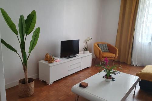 - un salon avec une télévision sur un meuble blanc dans l'établissement Bright apartment with nice view, à Boulogne-Billancourt