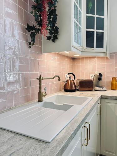 - une cuisine avec un évier et du carrelage rose dans l'établissement E Gambetta T3 au pied de l avenue de champagne, à Épernay