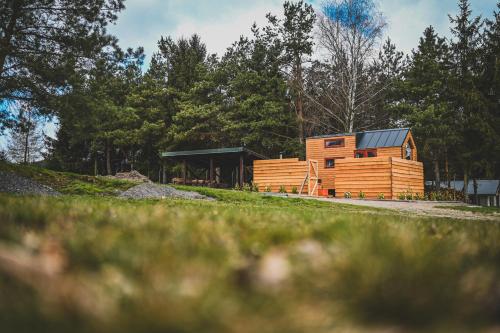 eine Holzhütte auf einem Hügel mit Bäumen in der Unterkunft Tiny house s vyhřívacím koupacím sudem in Nové Hrady