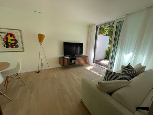 Una sala de estar con un sofá y un televisor de pantalla plana. en Ascona Casa Azzurra, en Ascona
