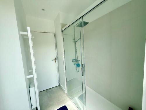 une douche dans une salle de bain avec une porte vitrée dans l'établissement Villa Salvador 4 Chambres Piscine, à Mauguio