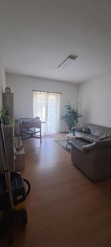 a living room with a couch and a window at Casa con giardino in centro in Pianezzo