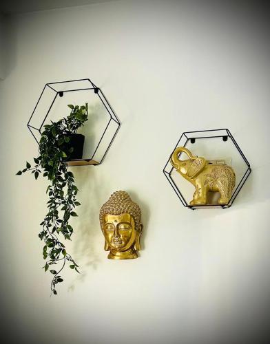 a wall with a gold head and a potted plant at Studio in Dorohoi