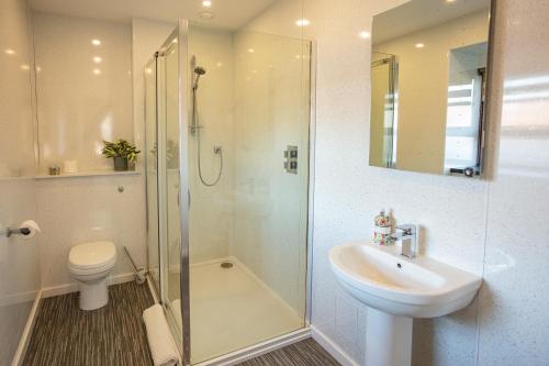 a bathroom with a shower and a sink and a toilet at Old Surgery Guest House in Ullapool