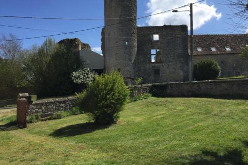 un vieux château avec une cour herbeuse devant lui dans l'établissement Le Saulnier-Longère berrichonne, à Chasseneuil
