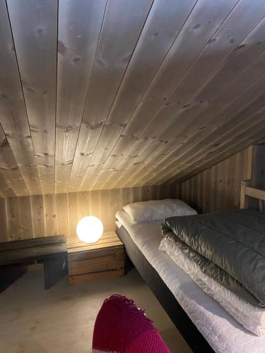 a room with two beds and a light on the ceiling at Sjusjøen Hytteutleie AS in Sjusjøen