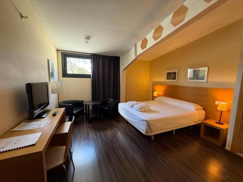 a hotel room with a bed and a desk at Hotel Balneario de Lanjarón in Lanjarón